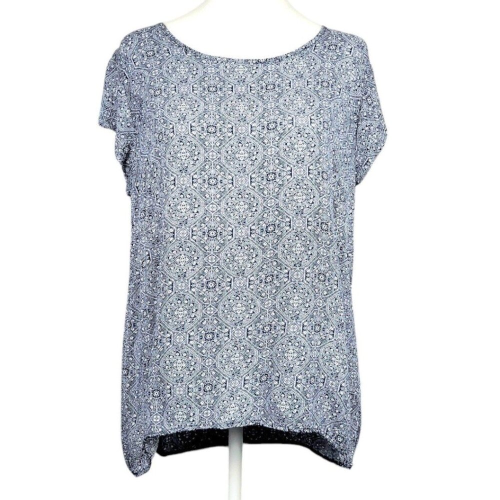 Womens L Rose & Rhyme Blue Cap Sleeves Elegant Design High-Low Pearl Keyhole Top
